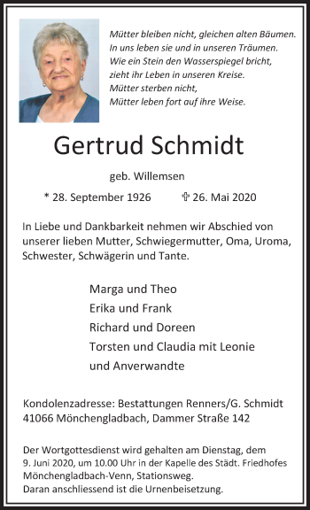 Traueranzeige von Gertrud Schmidt von trauer.extra-tipp-moenchengladbach.de
