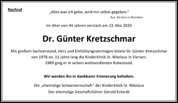 Traueranzeige von Günter Kretzschmar von trauer.extra-tipp-moenchengladbach.de