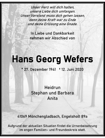 Traueranzeige von Hans Georg Wefers von trauer.extra-tipp-moenchengladbach.de