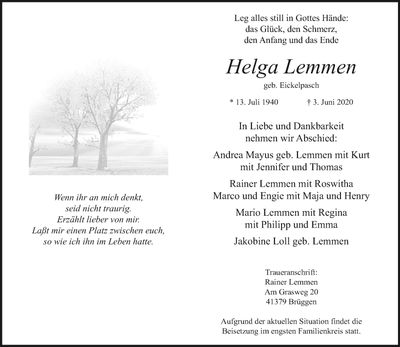  Traueranzeige für Helga Lemmen vom 07.06.2020 aus trauer.extra-tipp-moenchengladbach.de