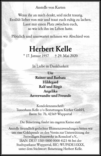 Traueranzeige von Herbert Kelle von trauer.wuppertaler-rundschau.de