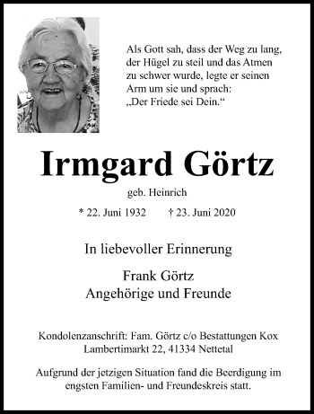 Traueranzeige von Irmgard Görtz von trauer.extra-tipp-moenchengladbach.de