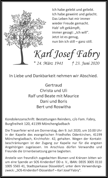 Traueranzeige von Karl Josef Fabry von trauer.extra-tipp-moenchengladbach.de
