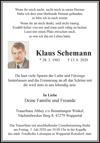 Traueranzeige von Klaus Schemann von trauer.wuppertaler-rundschau.de