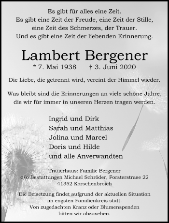 Traueranzeige von Lambert Bergener von trauer.extra-tipp-moenchengladbach.de