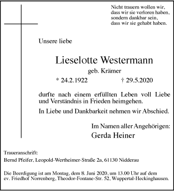 Traueranzeige von Lieselotte Westermann von trauer.wuppertaler-rundschau.de