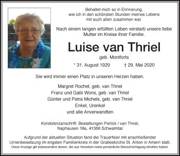 Traueranzeige von Luise van Thriel von trauer.extra-tipp-moenchengladbach.de