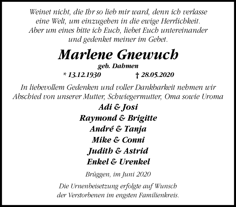 Traueranzeige für Marlene Gnewuch vom 14.06.2020 aus trauer.extra-tipp-moenchengladbach.de