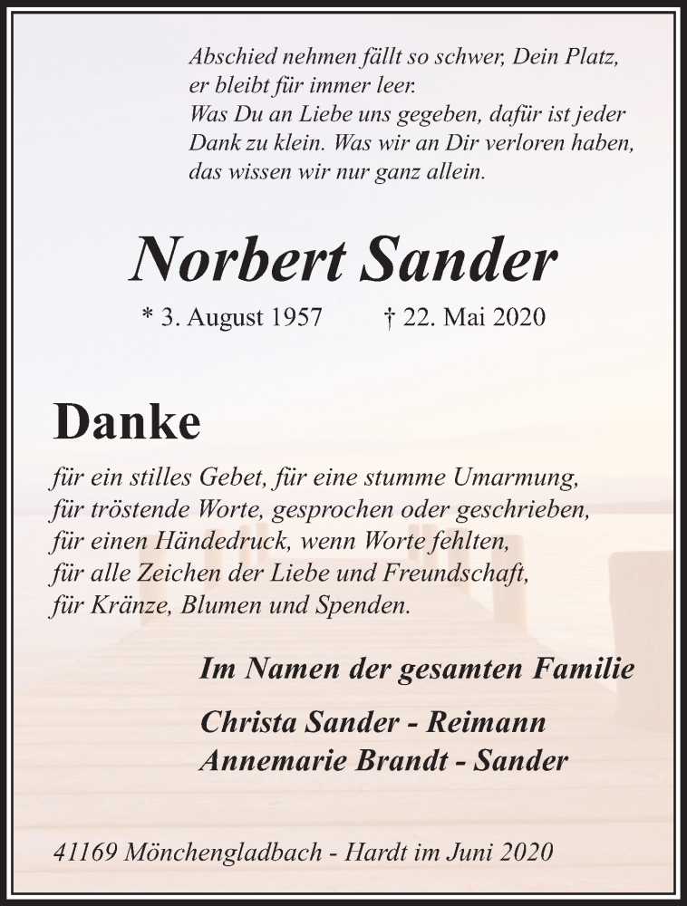  Traueranzeige für Norbert Sander vom 21.06.2020 aus trauer.extra-tipp-moenchengladbach.de