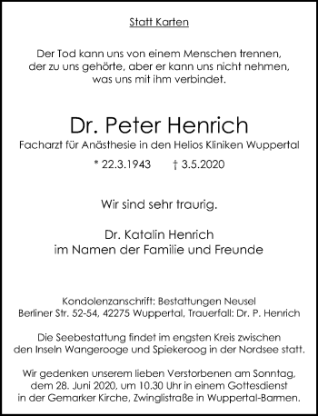 Traueranzeige von Peter Henrich von trauer.wuppertaler-rundschau.de
