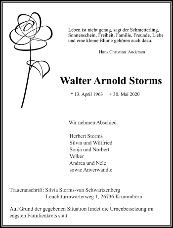 Traueranzeige von Walter Arnold Storms von trauer.extra-tipp-moenchengladbach.de