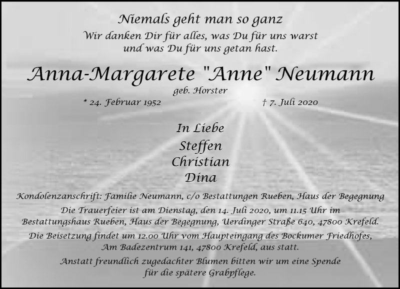  Traueranzeige für Anna-Margarete Neumann vom 12.07.2020 aus trauer.mein.krefeld.de