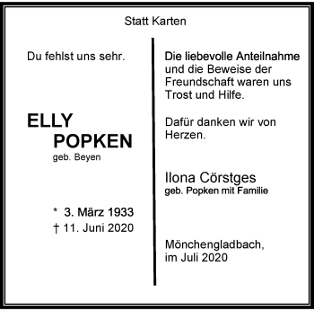 Traueranzeige von Elly Popken von trauer.extra-tipp-moenchengladbach.de