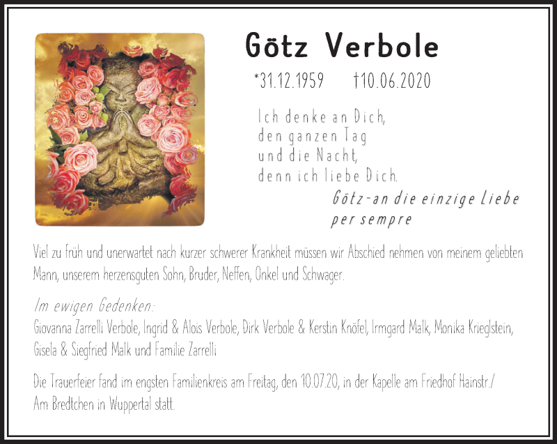  Traueranzeige für Götz Verbole vom 18.07.2020 aus trauer.wuppertaler-rundschau.de