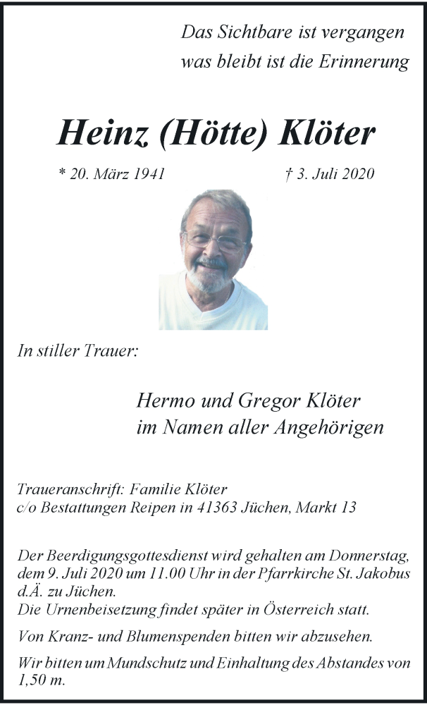  Traueranzeige für Heinz Klöter vom 08.07.2020 aus trauer.stadt-kurier.de
