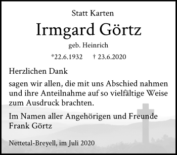 Traueranzeige von Irmgard Görtz von trauer.extra-tipp-moenchengladbach.de