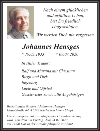 Traueranzeige von Johannes Hensges von trauer.extra-tipp-moenchengladbach.de