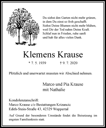 Traueranzeige von Klemens Krause von trauer.wuppertaler-rundschau.de