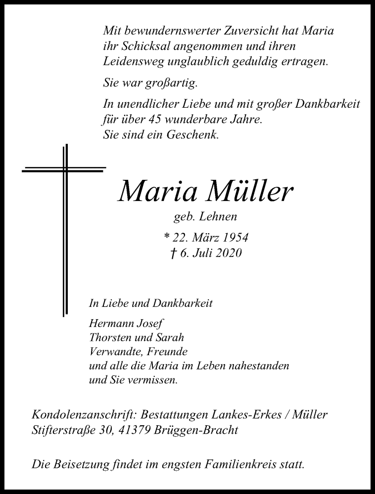  Traueranzeige für Maria Müller vom 12.07.2020 aus trauer.extra-tipp-moenchengladbach.de