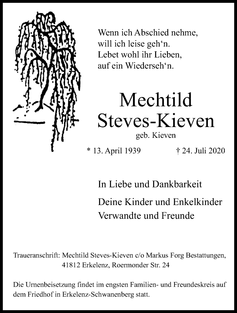  Traueranzeige für Mechtild Steves-Kieven vom 02.08.2020 aus trauer.extra-tipp-moenchengladbach.de
