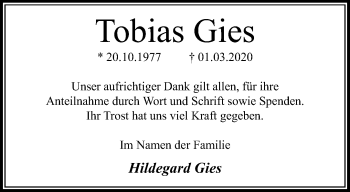 Traueranzeige von Tobias Gies von trauer.extra-tipp-moenchengladbach.de