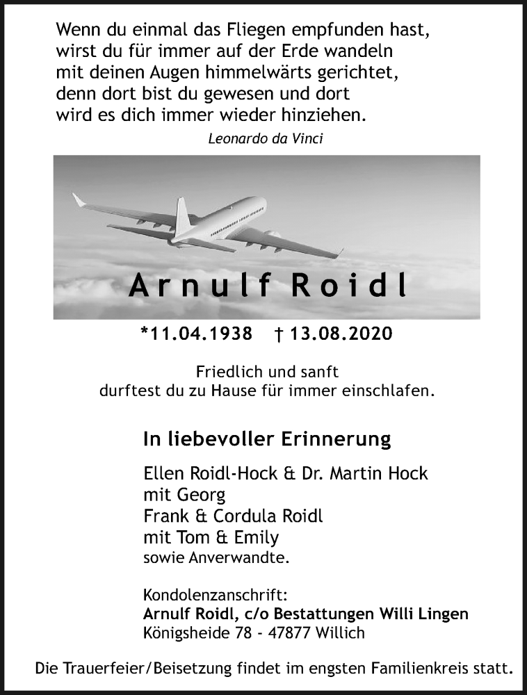 Traueranzeige für Arnulf Roidl vom 23.08.2020 aus trauer.extra-tipp-moenchengladbach.de