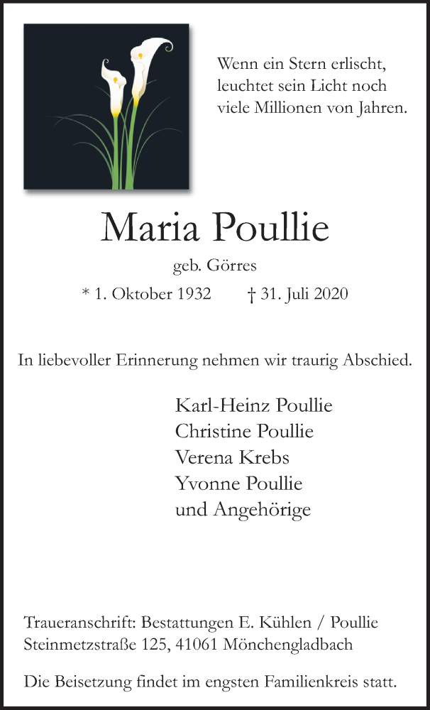  Traueranzeige für Maria Poullie vom 09.08.2020 aus trauer.extra-tipp-moenchengladbach.de