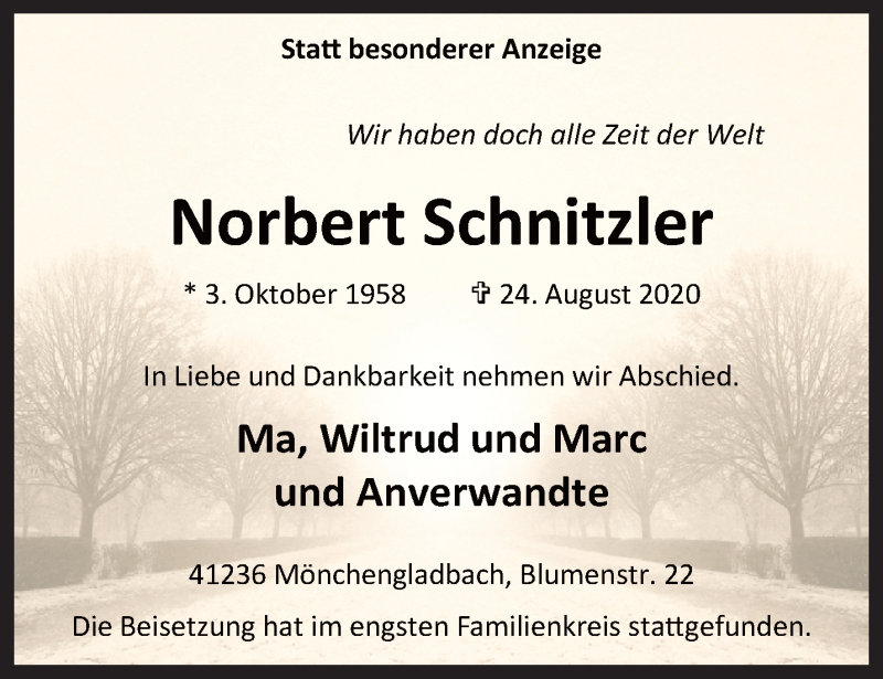  Traueranzeige für Norbert Schnitzler vom 30.08.2020 aus trauer.extra-tipp-moenchengladbach.de