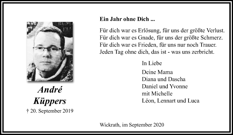  Traueranzeige für Andre Küppers vom 20.09.2020 aus trauer.extra-tipp-moenchengladbach.de