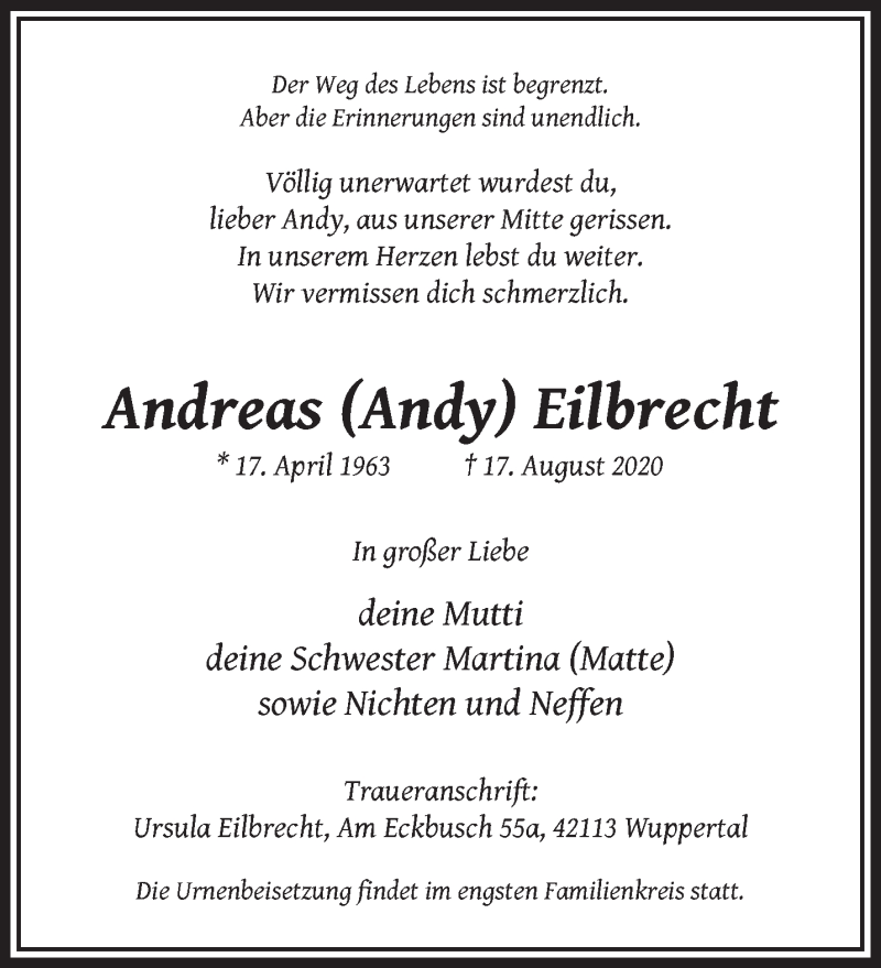  Traueranzeige für Andreas Eilbrecht vom 05.09.2020 aus trauer.wuppertaler-rundschau.de