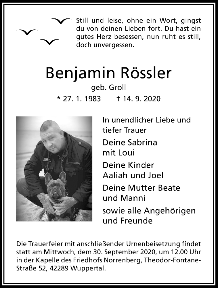  Traueranzeige für Benjamin Rössler vom 26.09.2020 aus trauer.wuppertaler-rundschau.de