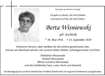 Traueranzeige von Berta Wisniewski von trauer.extra-tipp-moenchengladbach.de