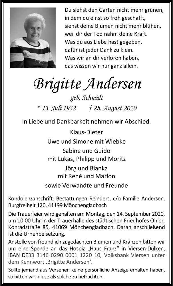  Traueranzeige für Brigitte Andersen vom 06.09.2020 aus trauer.extra-tipp-moenchengladbach.de