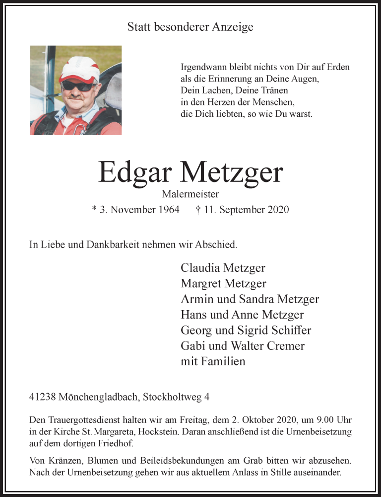  Traueranzeige für Edgar Metzger vom 27.09.2020 aus trauer.extra-tipp-moenchengladbach.de
