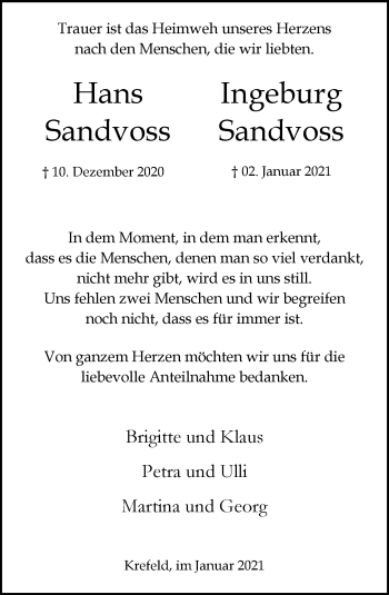 Traueranzeige von Hans und Ingeburg Sandvoss von trauer.mein.krefeld.de