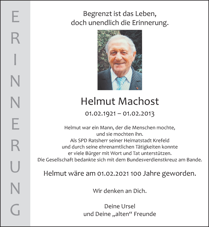  Traueranzeige für Helmut Machost vom 31.01.2021 aus trauer.mein.krefeld.de