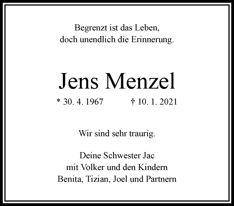  Traueranzeige für Jens Menzel vom 16.01.2021 aus trauer.wuppertaler-rundschau.de
