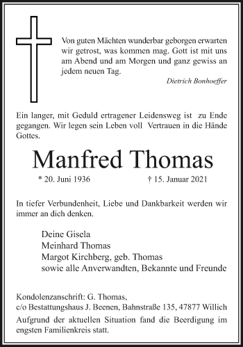 Traueranzeige von Manfred Thomas von trauer.extra-tipp-moenchengladbach.de