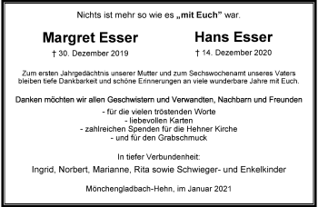 Traueranzeige von Margret und Hans Esser von trauer.extra-tipp-moenchengladbach.de