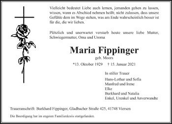 Traueranzeige von Maria Fippinger von trauer.extra-tipp-moenchengladbach.de