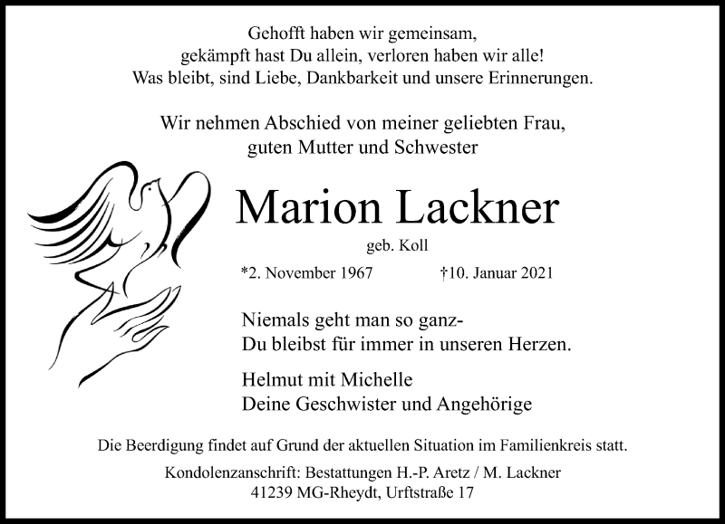  Traueranzeige für Marion Lackner vom 17.01.2021 aus trauer.extra-tipp-moenchengladbach.de