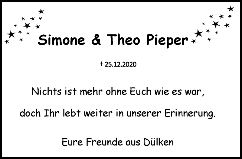  Traueranzeige für Simone und Theo Pieper vom 10.01.2021 aus trauer.extra-tipp-moenchengladbach.de