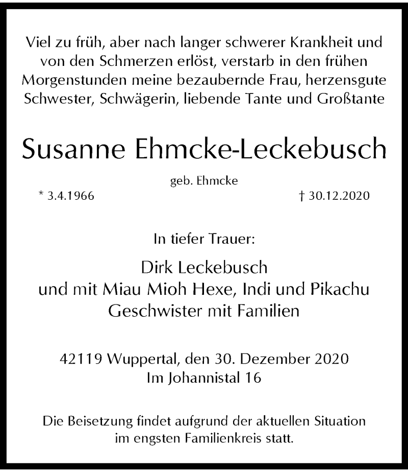  Traueranzeige für Susanne Ehmcke-Leckebusch vom 09.01.2021 aus trauer.wuppertaler-rundschau.de