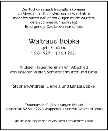 Traueranzeige von Waltraud Bobka von trauer.wuppertaler-rundschau.de