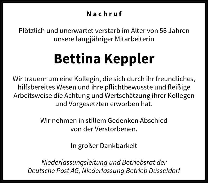  Traueranzeige für Bettina Keppler vom 16.10.2021 aus trauer.wuppertaler-rundschau.de