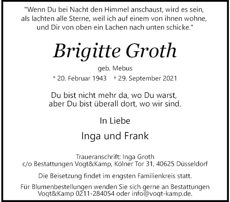  Traueranzeige für Brigitte Groth vom 08.10.2021 aus trauer.duesseldorfer-anzeiger.de