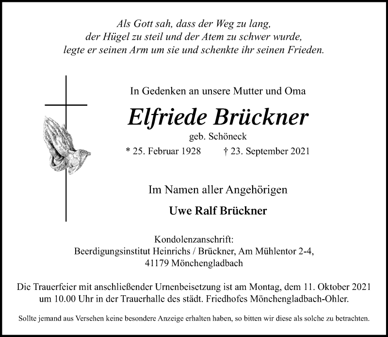  Traueranzeige für Elfriede Brückner vom 03.10.2021 aus trauer.extra-tipp-moenchengladbach.de