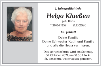 Traueranzeige von Helga Klaeßen von trauer.mein.krefeld.de