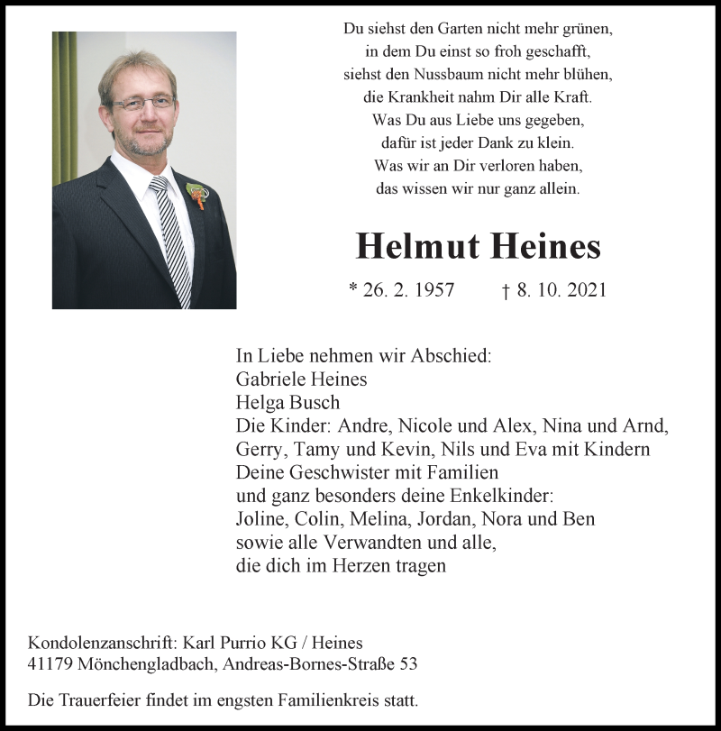  Traueranzeige für Helmut Heines vom 17.10.2021 aus trauer.extra-tipp-moenchengladbach.de