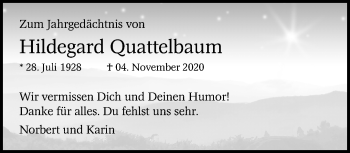 Traueranzeige von Hildegard Quattelbaum von trauer.mein.krefeld.de